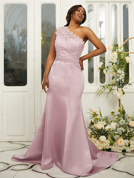 Sheath/Column Satin Lace One-Shoulder Sleeveless Sweep/Brush Train Bridesmaid Dresses CICIP0004972