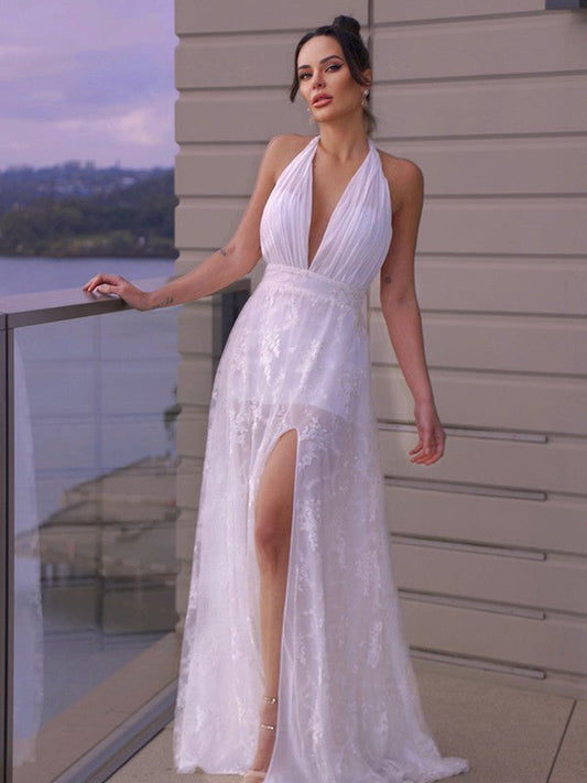 A-Line/Princess Lace Ruched Halter Sleeveless Floor-Length Wedding Dresses CICIP0006073