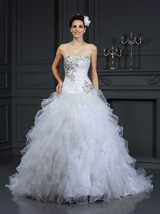 Ball Gown Strapless Beading Sleeveless Long Organza Wedding Dresses CICIP0006430