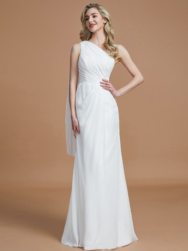 Sheath/Column One-Shoulder Sleeveless Floor-Length Chiffon Bridesmaid Dresses CICIP0005565