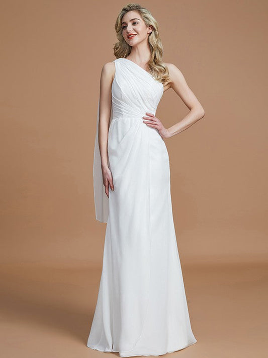 Sheath/Column One-Shoulder Sleeveless Floor-Length Chiffon Bridesmaid Dresses CICIP0005565