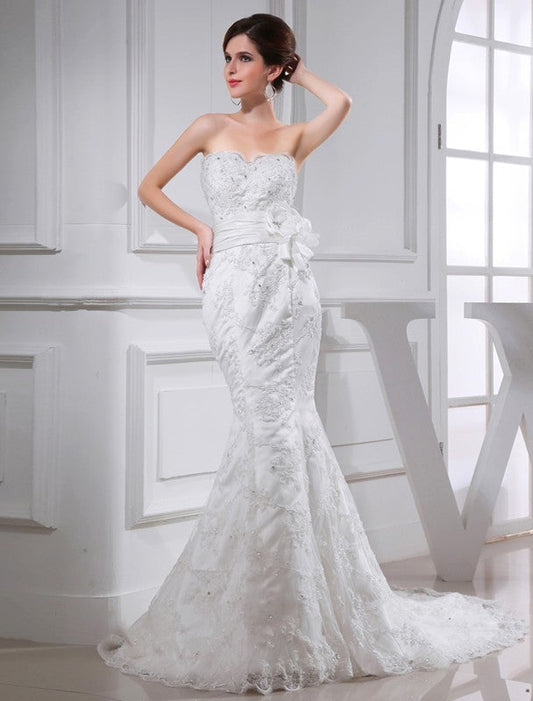 Trumpet/Mermaid Beading Sweetheart Sleeveless Satin Wedding Dresses CICIP0006954