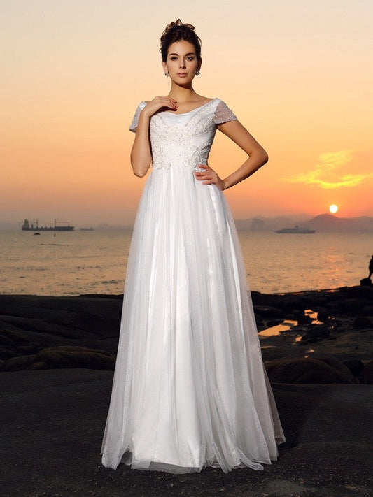 A-Line/Princess Off-the-Shoulder Beading Short Sleeves Long Tulle Beach Wedding Dresses CICIP0006636