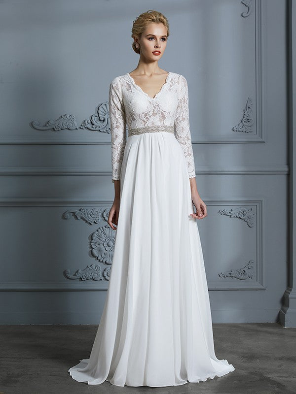 A-Line/Princess 3/4 Sleeves V-neck Lace Sweep/Brush Train Chiffon Wedding Dresses CICIP0006390