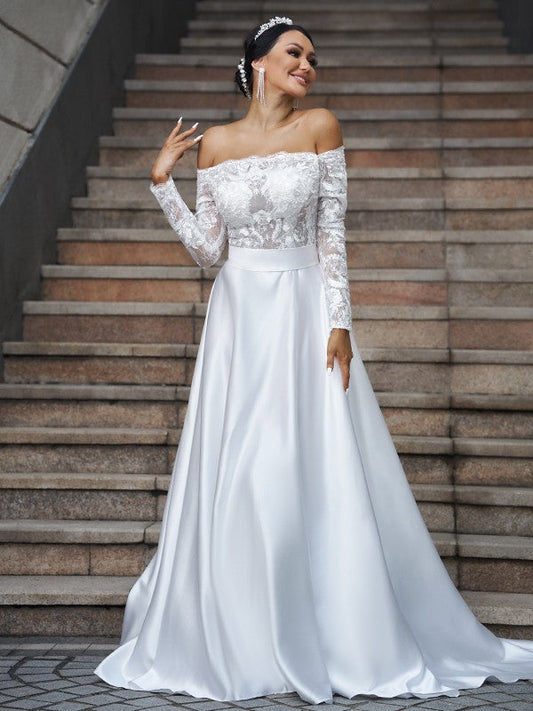 A-Line/Princess Satin Lace Off-the-Shoulder Long Sleeves Sweep/Brush Train Wedding Dresses CICIP0006508