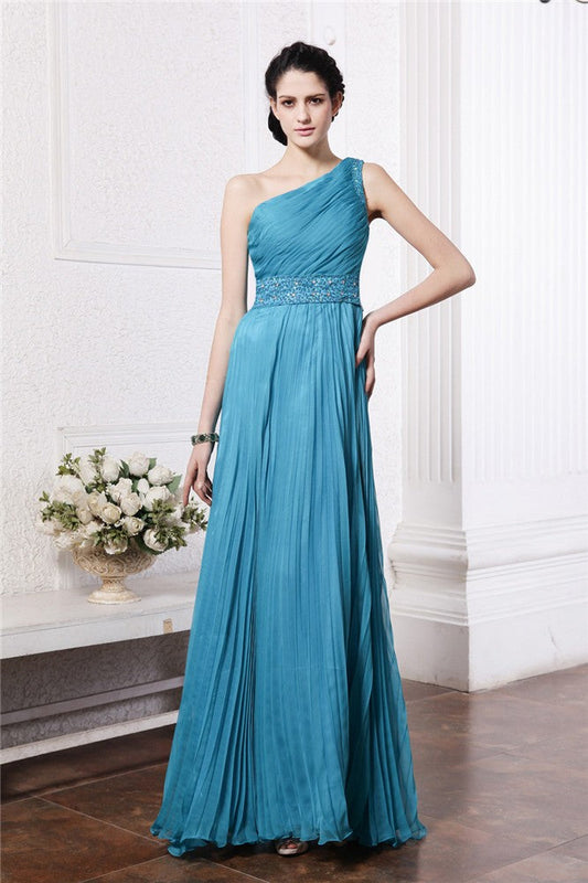 Sheath/Column One-Shoulder Sleeveless Beading Pleats Long Chiffon Bridesmaid Dresses CICIP0005588