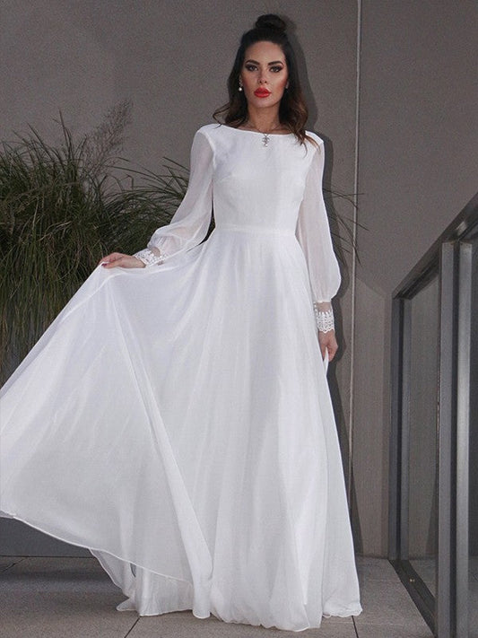 A-Line/Princess Chiffon Ruffles Long Sleeves Scoop Sweep/Brush Train Wedding Dresses CICIP0006511