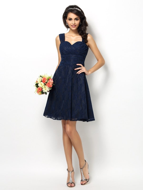 A-Line/Princess Straps Lace Sleeveless Short Bridesmaid Dresses CICIP0005042