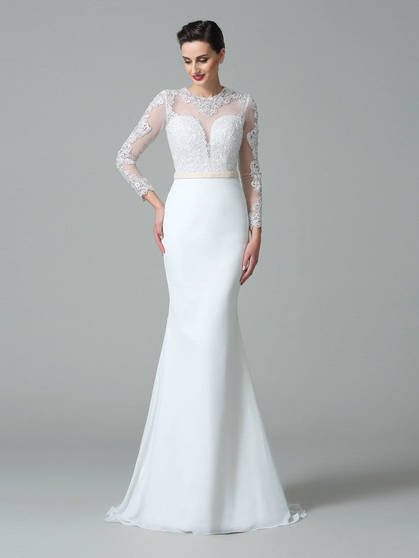 Trumpet/Mermaid Jewel Lace Long Sleeves Long Satin Wedding Dresses CICIP0006249