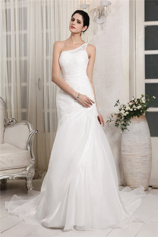 Trumpet/Mermaid One-Shoulder Sleeveless Beading Applique Long Organza Wedding Dresses CICIP0006797