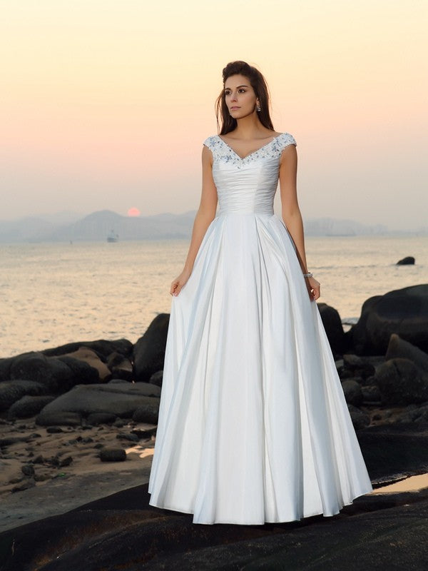 A-Line/Princess V-neck Beading Sleeveless Long Taffeta Beach Wedding Dresses CICIP0006380