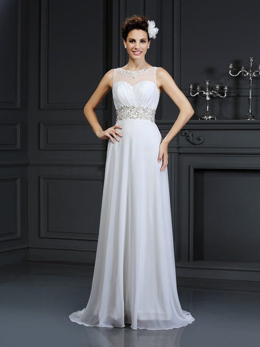 A-Line/Princess Bateau Ruffles Sleeveless Long Chiffon Wedding Dresses CICIP0006616