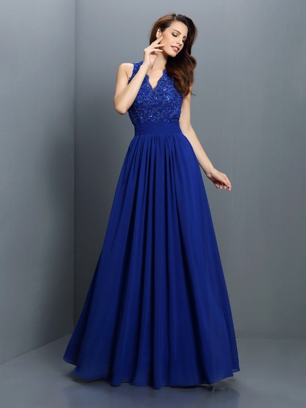 A-Line/Princess V-neck Applique Sleeveless Long Chiffon Bridesmaid Dresses CICIP0005255