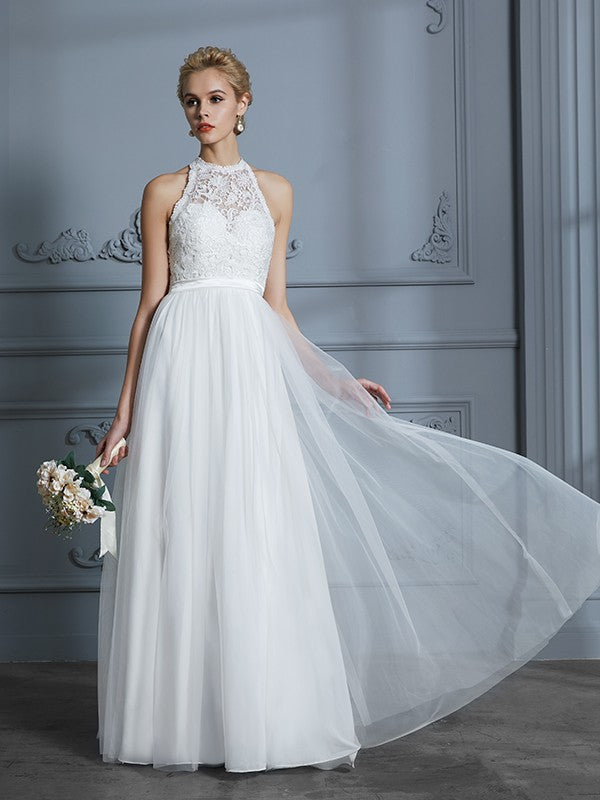 A-Line/Princess Scoop Sleeveless Tulle Floor-Length Wedding Dresses CICIP0006513