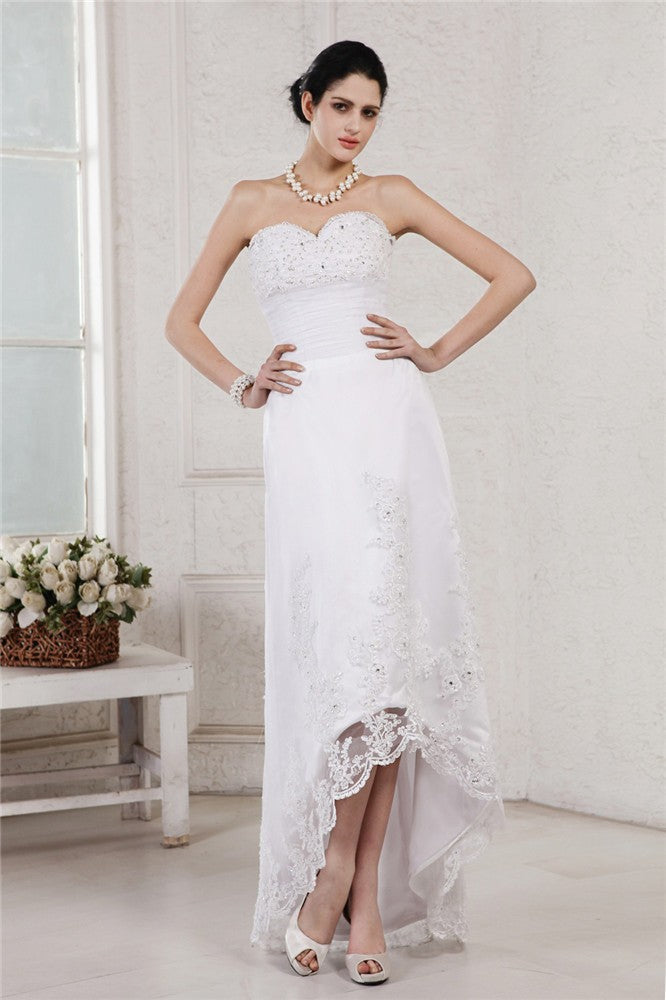 Sheath/Column Sweetheart Sleeveless Beading Applique High Low Organza Wedding Dresses CICIP0006829