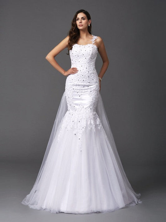 Trumpet/Mermaid Straps Beading Sleeveless Long Net Wedding Dresses CICIP0006774