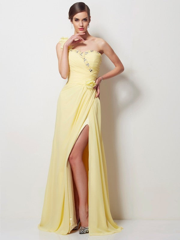 A-Line/Princess One-Shoulder Sleeveless Beading Long Chiffon Dresses CICIP0004317