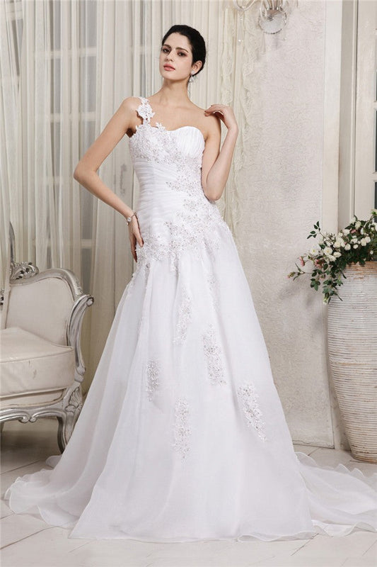 A-Line/Princess One-Shoulder Sleeveless Beading Applique Long Organza Wedding Dresses CICIP0006938