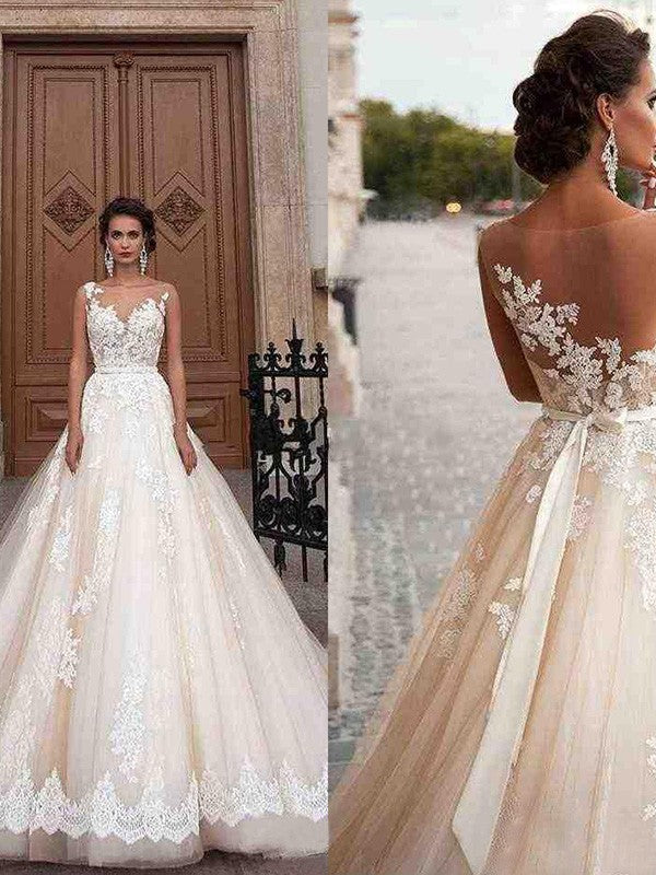 A-Line/Princess Tulle Scoop Applique Sleeveless Court Train Wedding Dresses CICIP0006785