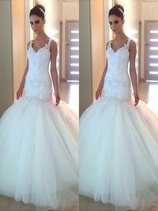 Trumpet/Mermaid V-neck Applique Tulle Sleeveless Court Train Wedding Dresses CICIP0006678