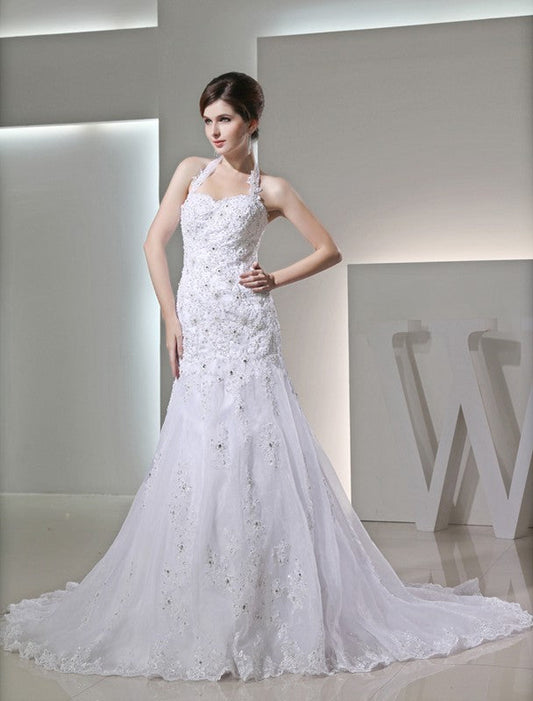 Trumpet/Mermaid Beading Halter Sleeveless Applique Satin Wedding Dresses CICIP0006939