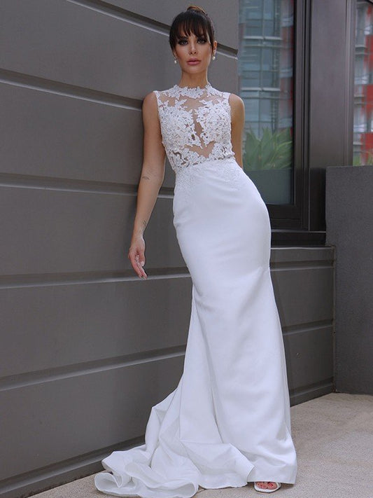 Trumpet/Mermaid Sleeveless Applique Scoop Satin Court Train Wedding Dresses CICIP0006530