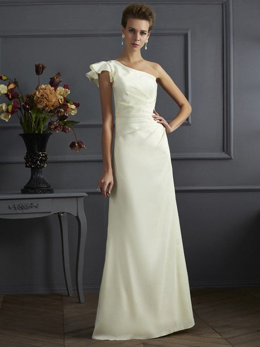 Sheath/Column One-Shoulder Sleeveless Pleats Long Elastic Woven Satin Bridesmaid Dresses CICIP0005615