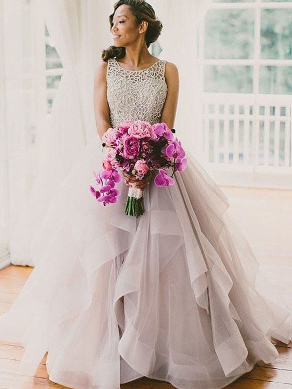 Ball Gown Sleeveless Scoop Beading Sweep/Brush Train Tulle Wedding Dresses CICIP0006135