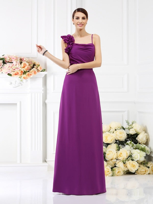 Sheath/Column Spaghetti Straps Hand-Made Flower Sleeveless Long Chiffon Bridesmaid Dresses CICIP0005774