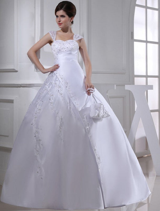 Ball Gown Beading Sleeveless Straps Long Satin Wedding Dresses CICIP0006848