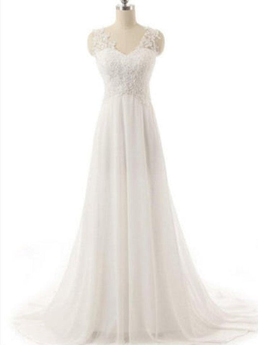 A-Line/Princess V-neck Sleeveless Sweep/Brush Train Lace Chiffon Wedding Dresses CICIP0006310