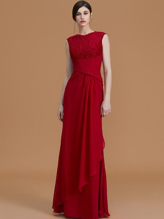 Sheath/Column Jewel Sleeveless Floor-Length Lace Chiffon Bridesmaid Dresses CICIP0005461