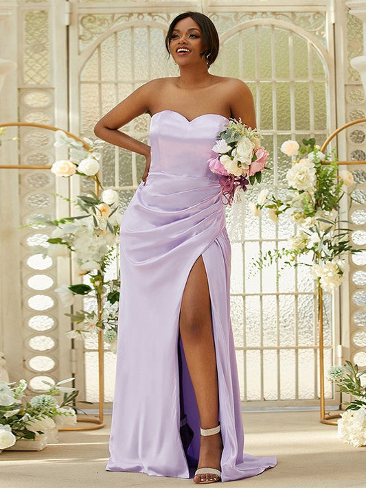 Sheath/Column Silk like Satin Ruched Sweetheart Sleeveless Sweep/Brush Train Bridesmaid Dresses CICIP0005000