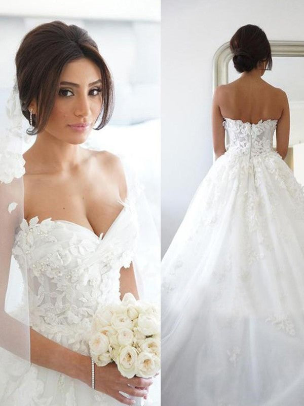 Ball Gown Tulle Applique Sweetheart Sleeveless Sweep/Brush Train Wedding Dresses CICIP0006520