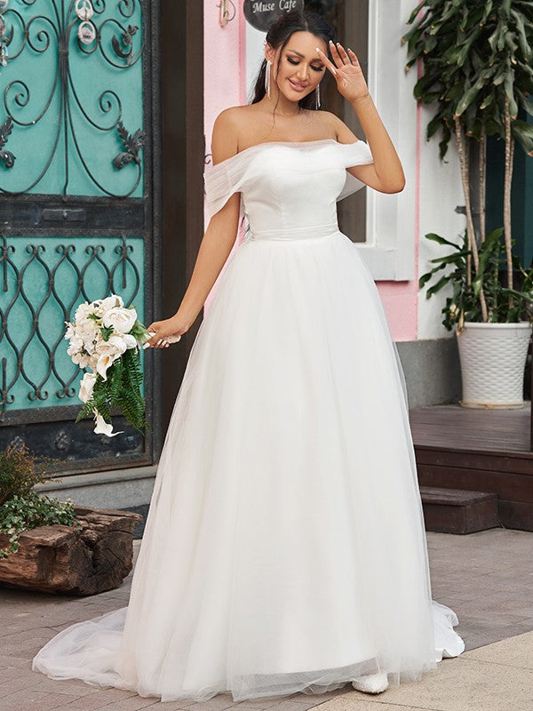 A-Line/Princess Tulle Ruffles Off-the-Shoulder Sleeveless Sweep/Brush Train Wedding Dresses CICIP0006442