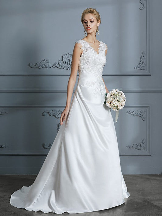 A-Line/Princess V-neck Sweep/Brush Train Sleeveless Applique Satin Wedding Dresses CICIP0006626