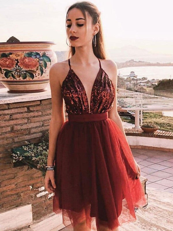 A-Line/Princess Tulle Sequin Spaghetti Straps Sleeveless Short/Mini Homecoming Dresses CICIP0003959