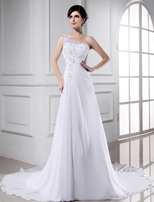 A-Line/Princess Beading One-shoulder Sleeveless Long Chiffon Wedding Dresses CICIP0006799