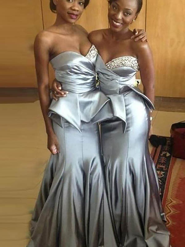 Trumpet/Mermaid Sweetheart Sleeveless Satin Sweep/Brush Train Bridesmaid Dresses CICIP0005374