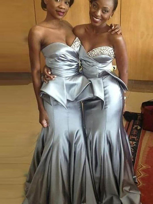 Trumpet/Mermaid Sweetheart Sleeveless Satin Sweep/Brush Train Bridesmaid Dresses CICIP0005374