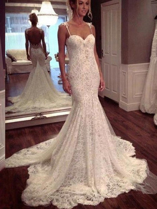 Trumpet/Mermaid Sleeveless Court Train Spaghetti Straps Lace Wedding Dresses CICIP0006212