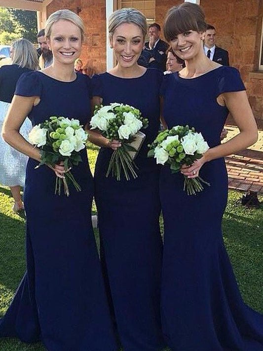 Sheath/Column Scoop Short Sleeves Floor-Length Satin Bridesmaid Dresses CICIP0005342