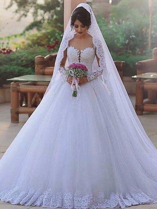 Ball Gown Sweetheart Long Sleeves Sweep/Brush Train Lace Tulle Wedding Dresses CICIP0006541