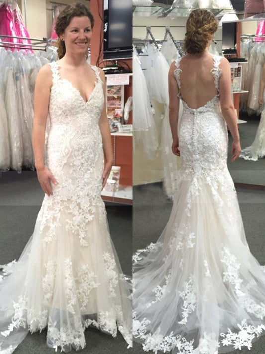 Trumpet/Mermaid Tulle Applique Straps Sleeveless Sweep/Brush Train Wedding Dresses CICIP0006803