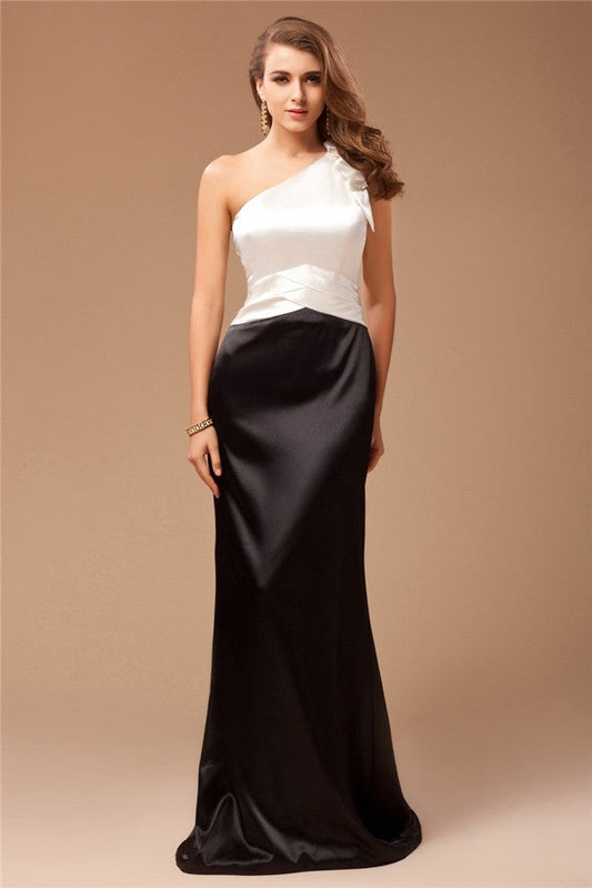 Sheath/Column One-Shoulder Ruffles Sleeveless Long Satin Bridesmaid Dresses CICIP0005539