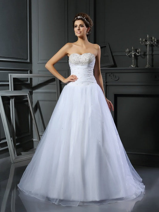 Ball Gown Sweetheart Beading Sleeveless Long Satin Wedding Dresses CICIP0006593