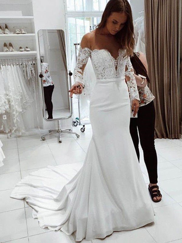 Trumpet/Mermaid Off-the-Shoulder Long Sleeves Court Train Lace Chiffon Wedding Dresses CICIP0005997