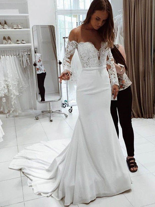 Trumpet/Mermaid Off-the-Shoulder Long Sleeves Court Train Lace Chiffon Wedding Dresses CICIP0005997