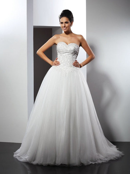 A-Line/Princess Sweetheart Applique Sleeveless Long Net Wedding Dresses CICIP0006394