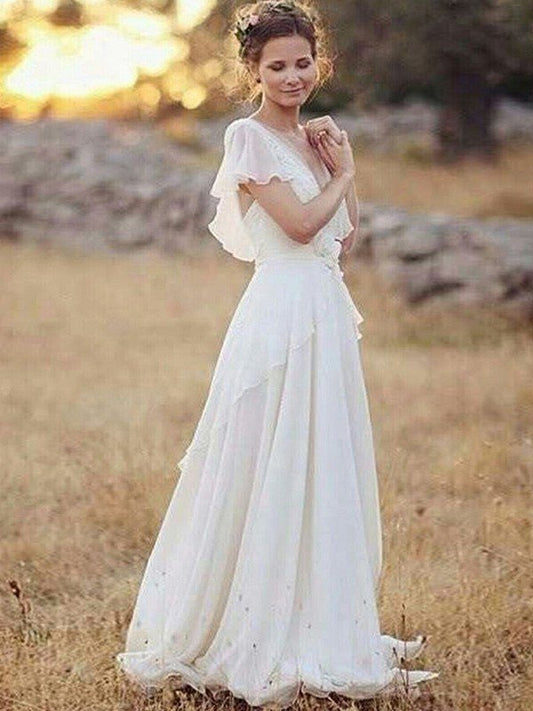 A-Line/Princess Chiffon V-neck Ruched Short Sleeves Floor-Length Wedding Dresses CICIP0006035